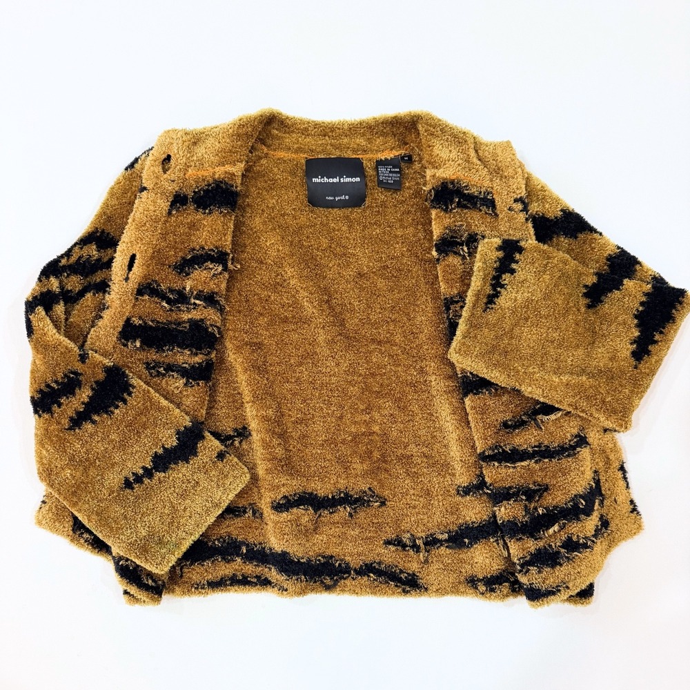Michael Simon Vintage 90s Tiger Stripe Fuzzy Cardigan Sweater Gold Black M - Picture 3 of 9